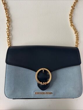 Michael Kors - Wanda Navy & Light Blue Suede Shoulder Bag with Gold Chain